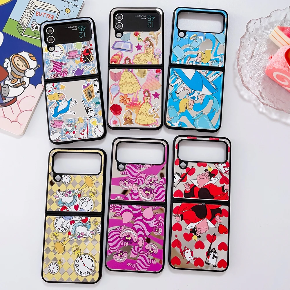 

Cartoon Disney Princess Alice in Wonderland with Lanyard Phone Case for Samsung Galaxy ZFlip3 ZFlip4 5G Mirror Anti-drop Cover