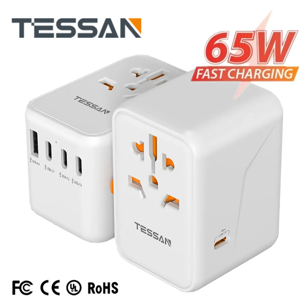 Универсальный адаптер TESSAN 65 Вт для путешествий по всему миру с USB и Type C быстрая стандартная вилка EU/UK/USA/AUS для путешествий