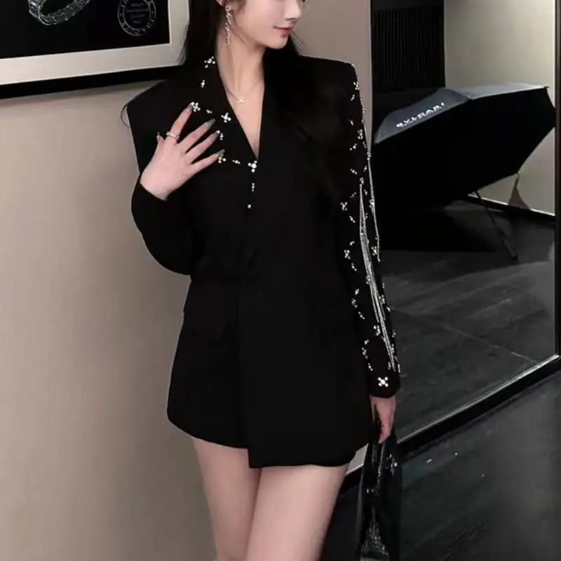 Женский пиджак с заклепками и бахромой двубортный свободная бриллиантовая