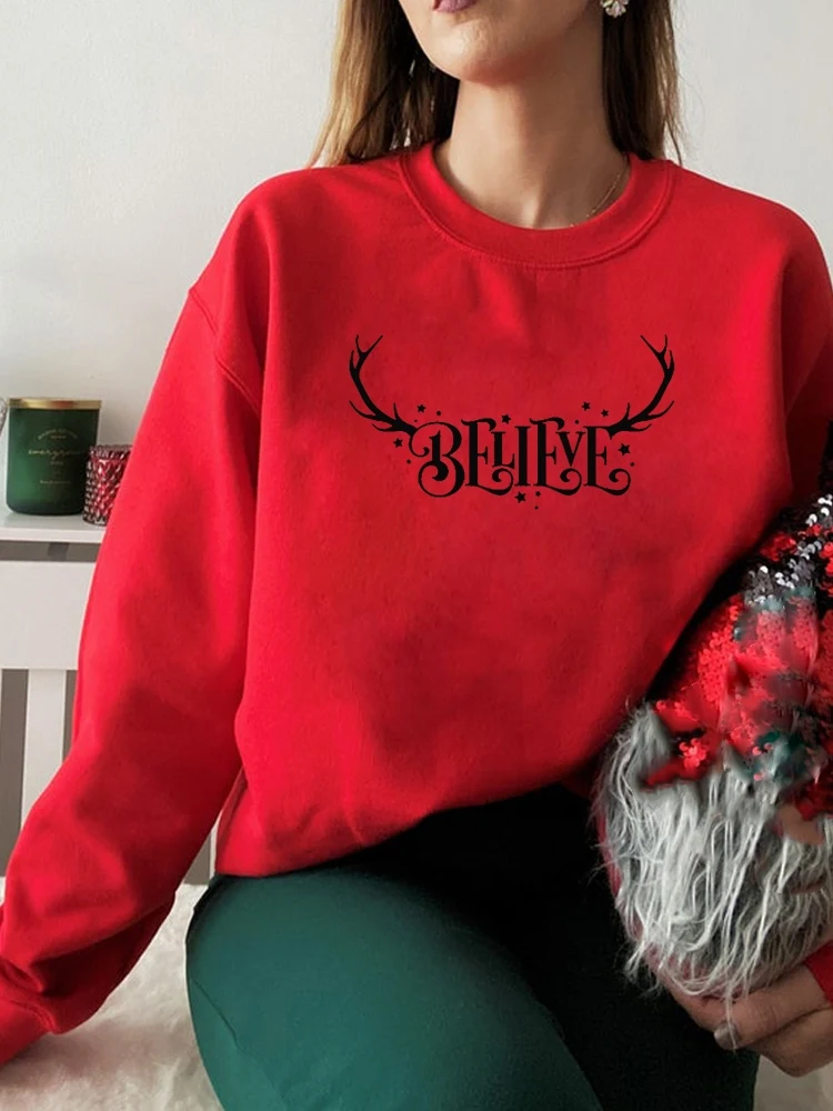 

Merry Christmas Deer Letter Cute 90s Women Fashion Clothes Clothing Festival Graphic Pullover Cartoon Female Red Sweatshirts