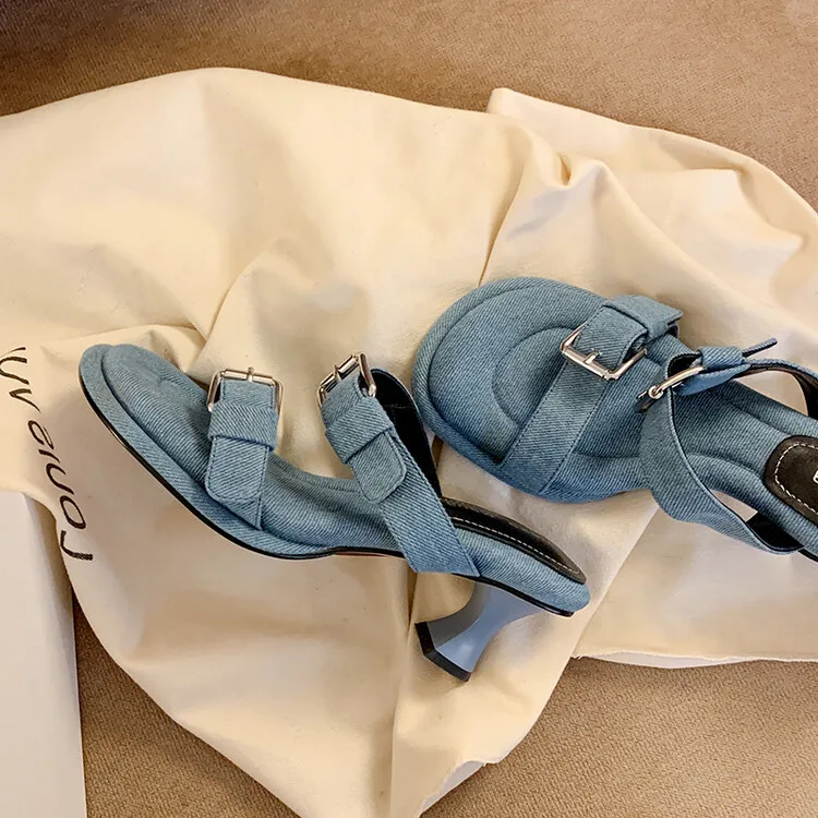 

Fashion Flip Flops Denim Leather Shoes Woman Sandals Spike High Heels Female Slippers Footwear Women Party Dress Casual Shoes