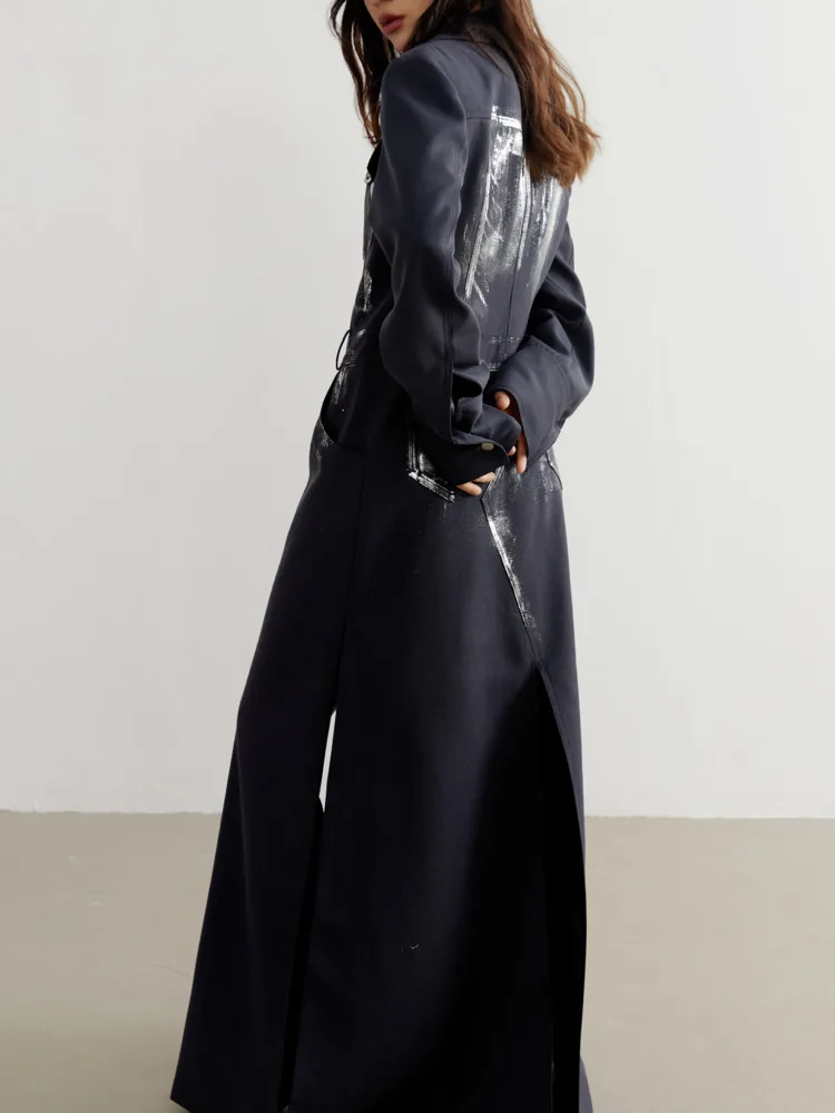 Женский блейзер BZVW свободный дизайнерский Длинный темно-синего цвета модель 1df6138