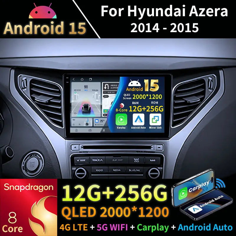 Фото Автомагнитола Android 15 для Hyundai Azera 2014-2015 с беспроводным CarPlay, Android Auto, мультимедийным видеоплеером и GPS-навигацией №1