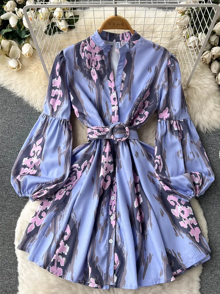 

Women Elegant Floral Mini Dress Lantern Sleeve Printed Dress 2022 Vinage Sashes Fashion Office Lady Autumn Dress