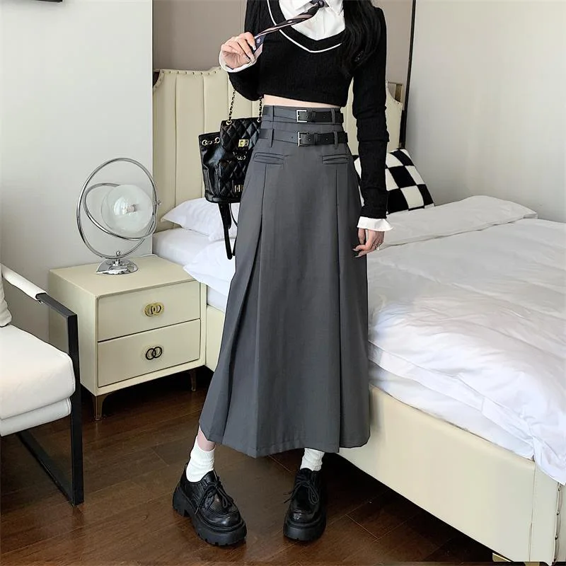 High Waist Lace Straight Mid Length Skirt College Style Vintage Grey Women's 2023 New Spring Autumn Fashion Suit A-line Skirts