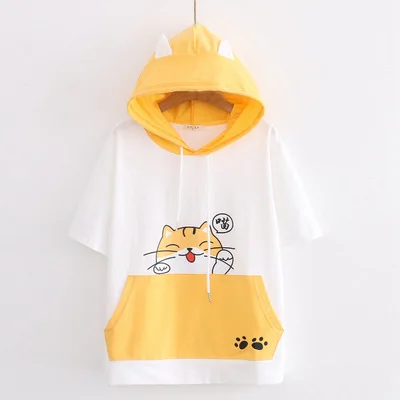 

Cartoon short sleeve hooded T-shirt for women small and fresh pullover