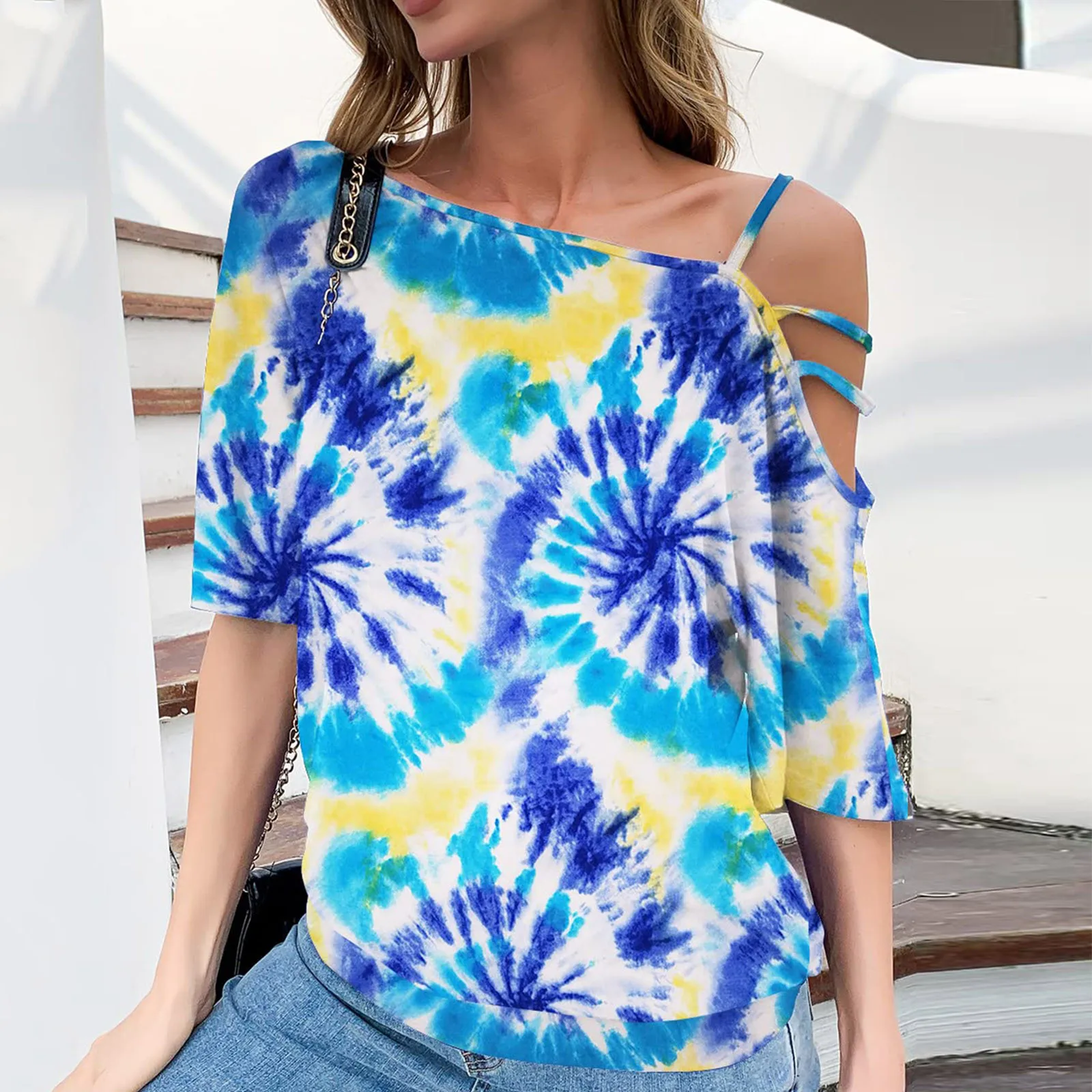 

Женская блузка с открытым плечом, Повседневная Туника с коротким рукавом, на бретельках, лето 2022