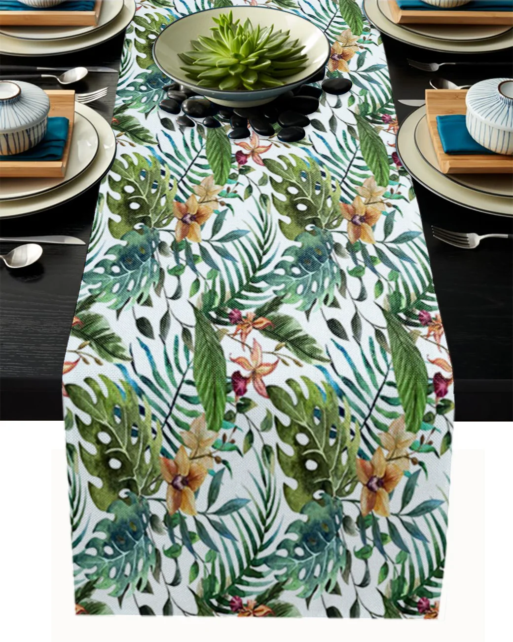 

Tropical Plant Leaf Flower Table Runner Modern Tablecloths Home Wedding Decor Dining Table Runner Kitchen Decorations