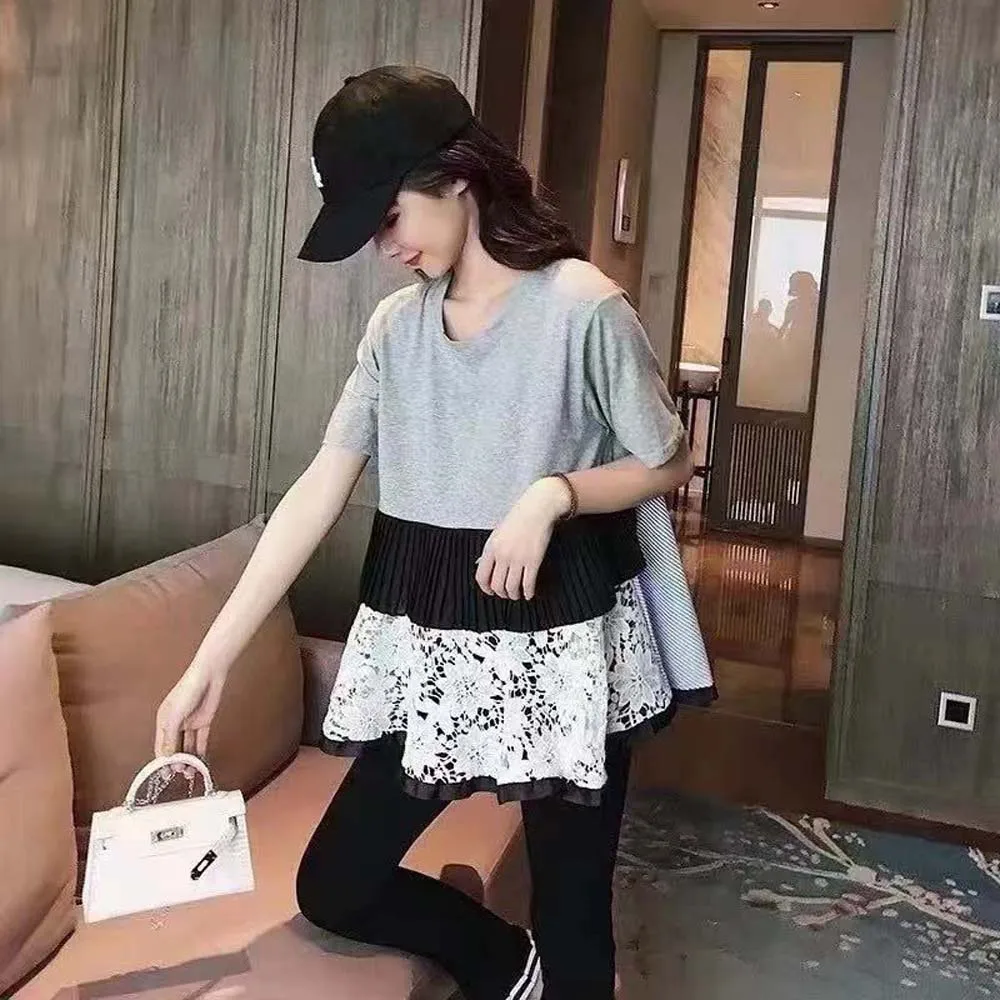 

Женская модная футболка с коротким рукавом, Свободный пуловер в стиле пэчворк с цветочным принтом, женская футболка в японском стиле, летни...