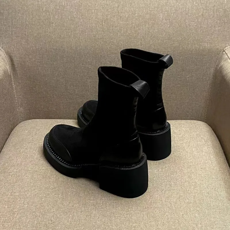 Spring and Winter Ankle Boots Round Head Zipper Women's Boots Thickened High Heels Shoes Boots Inner Heel Warm Shoes Botas Mujer