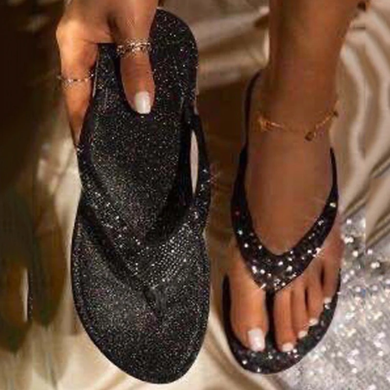

2023 New Women Flip Flop Slippers Slides Bling Rhinestone Ladies Shoes Casual Summer Flat Female Crystal Glitter Woman Plus Size