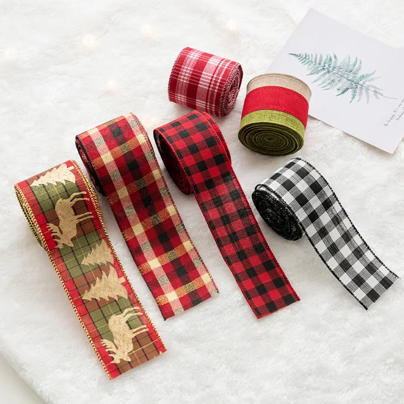

Christmas Decoration with Iron Wire Edge, Red and Black Checkered Ribbon, Christmas Tree Ribbon, Plaid Imitation Linen Ribbon