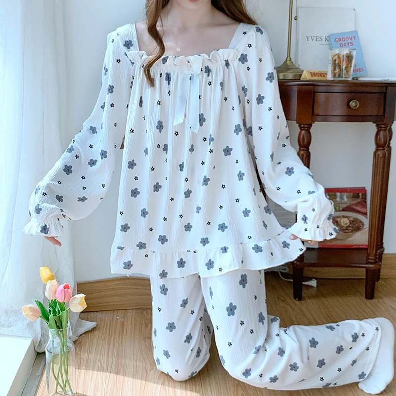 

2023 Autumn Plus Size Long Sleeve Cotton Print Pajama Sets for Women Korean Cute Sleepwear Pyjama Homewear Pijama Mujer Clothes