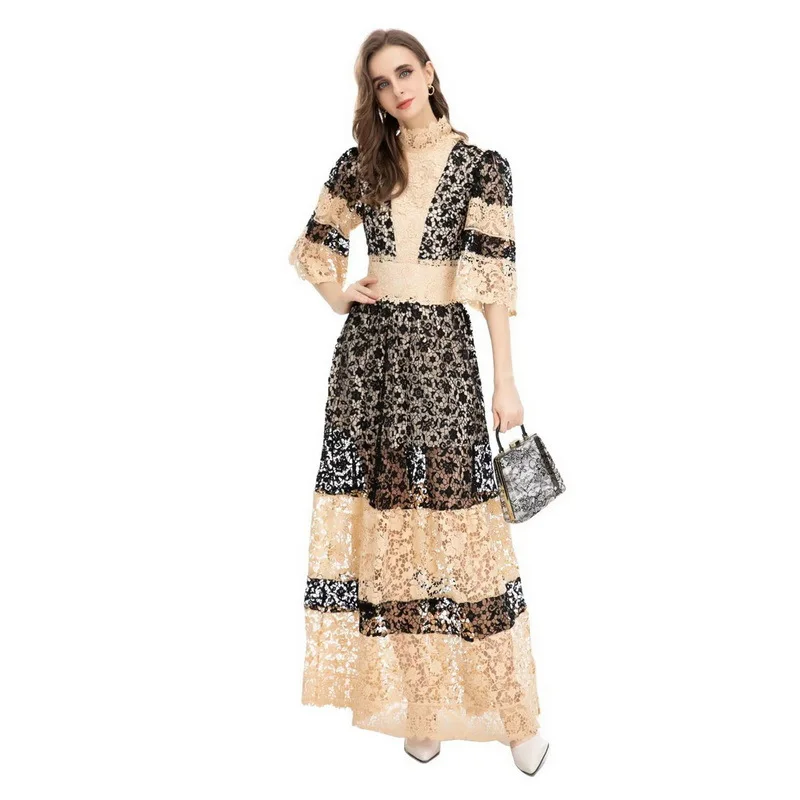 

XXL long dress mid-sleeve French dress with half-collar and half-cut in water color for spring 2023 bodycon dress