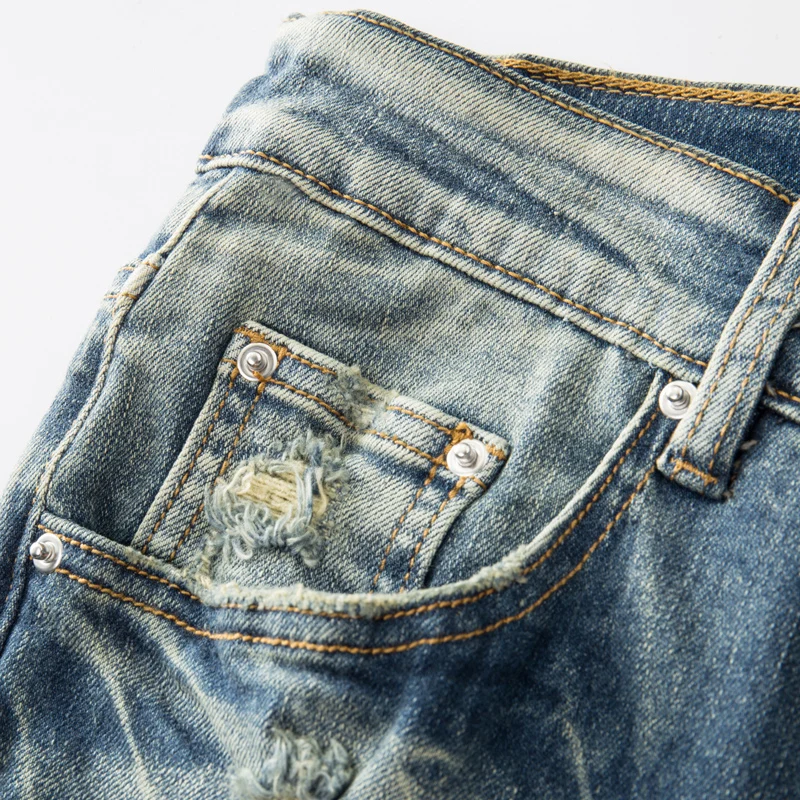 High Street Fashion Men Jeans Retro Washed Elastic Stretch Skinny Ripped Jeans Men Leather Patched Designer Brand Hip Hop Pants