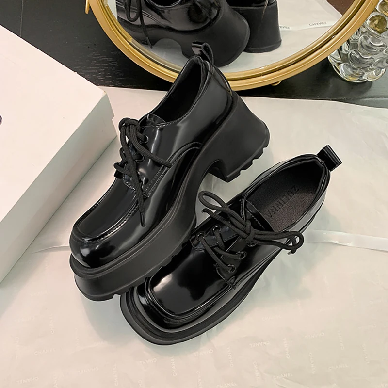 Fashion Design Platform Shoes Women Black Chunky High Heel Lace Up Casual Shoes Spring Autumn British Style Loafers Shoes Woman