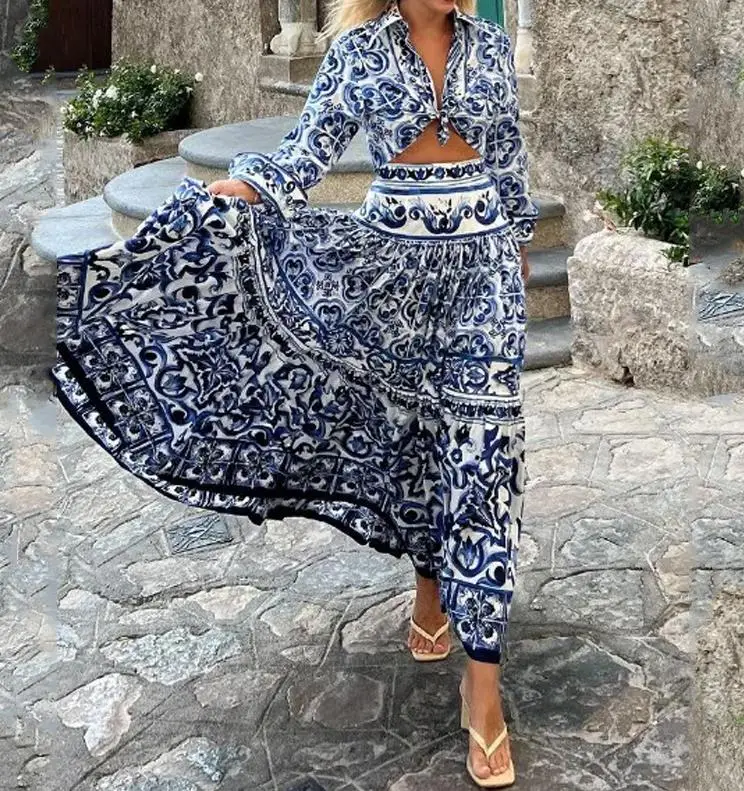 

Женский праздничный комплект с юбкой, элегантный комплект с укороченным топом с длинным рукавом и свободной юбкой, лето 2023