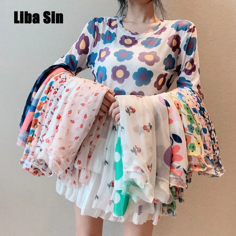 

Liba Sin Women Summer Ice Mesh Gauze Sunscreen Women Bottoming Shirt Long-Sleeved Round Neck Printed T-Shirt Sexy Inner Top