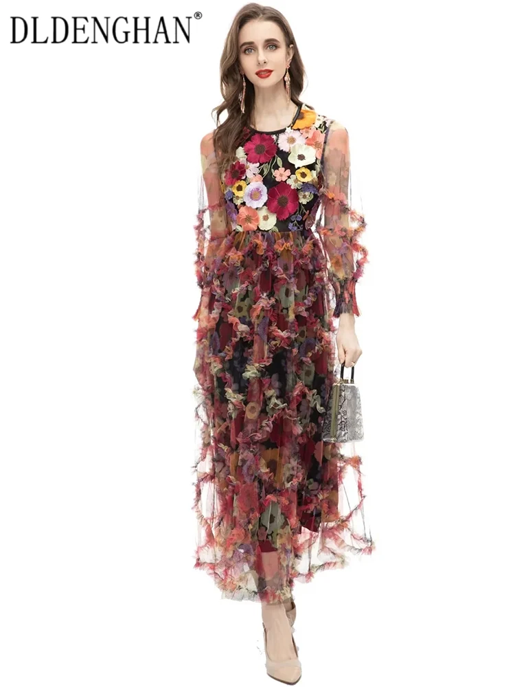 

DLDENGHAN Spring Summer Long Dress Women O-Neck Lantern Sleeve Mesh Embroidery Print Elegant Party Maxi Dresses Designer New