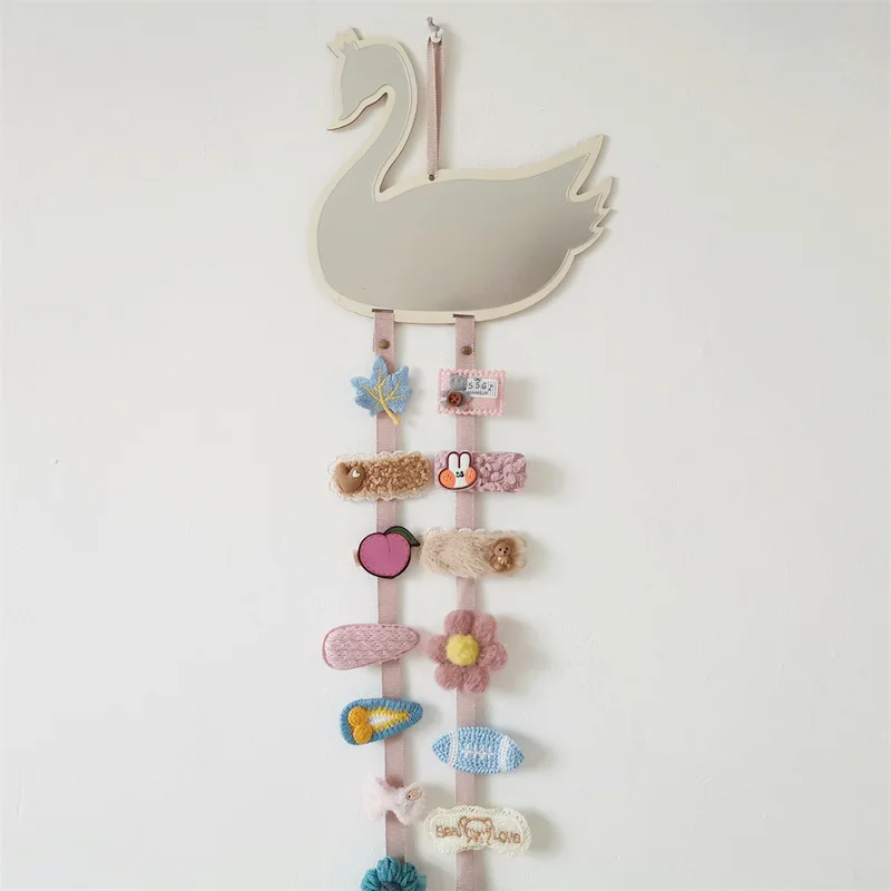 

INS Nordic Wooden Girl Hair Clips Holder Wall Hanging Swan Bowknot Shape Mirror Hairpins Storage Organizer Baby Girls Room Decor