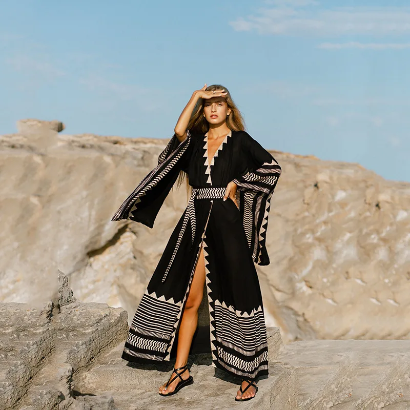 

2022 New Long SleeveSummer Beach Dress Outfits For Women Swimsuit Cover Up Boho Clothing Bohemian Clothes Cover-ups Chiffon