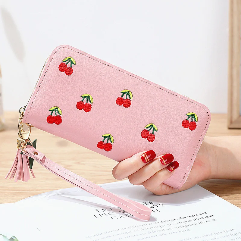 

Tassel Women Wallet Long Leather Cherry Ladies Wallets Embroidered Zipper Clutch Bag Card Purse Porte Feuille Femme 2023