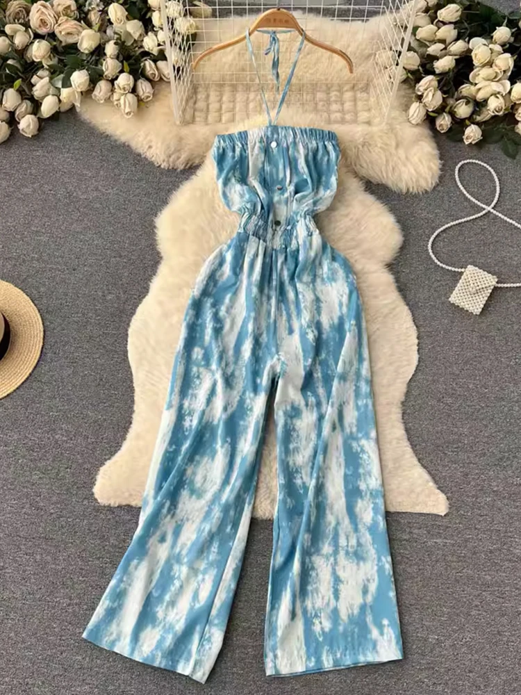 

FTLZZ Summer Women Sexy Halter Strapless Off Shoulder Wide Leg Jumpsuits Lady Casual Holiday Beach Floral Print Jumpsuits