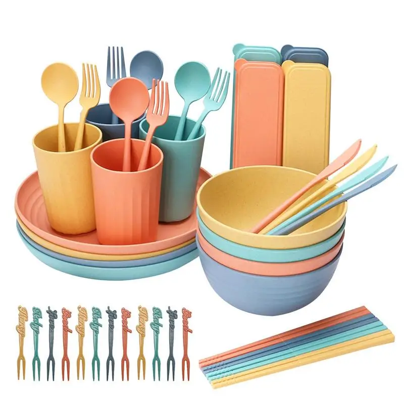

Straw Dishware Set Straw Kitchen Utensils Reusable Tableware Set Lightweight Unbreakable Dinnerware Dishwasher & Microwave Safe.