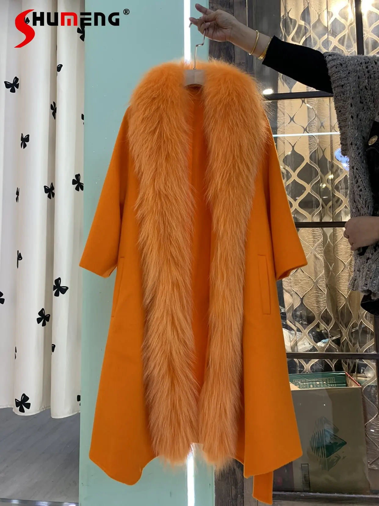 Fashion Luxury Women's Winter Reversible Real Cashmere Wool Coat 2022 New Ladies Orange Raccoon Fur Belted Long Woolen Overcoat