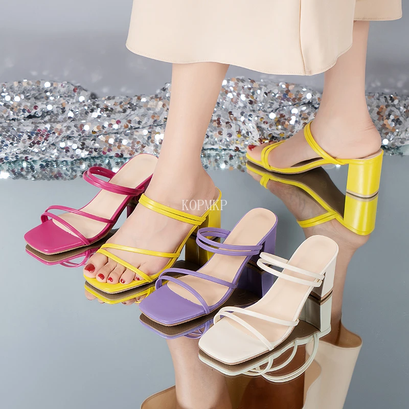 

Шлепанцы женские, летние, желтые, с квадратным носом, на массивном каблуке, женские сандалии-шлепанцы, 2022