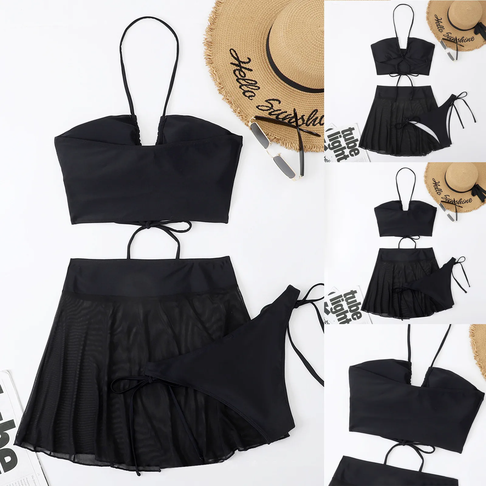 

Fashion Women's Sexy Swimsuit Short Skirt Mesh Swimwear Female Solid Halter Bikini Set Three Pieces Купальник Женский