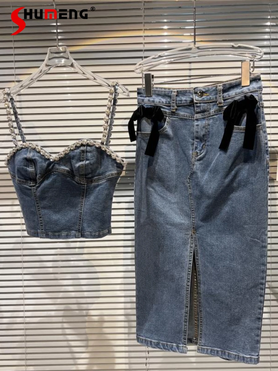 

Женский элегантный джинсовый костюм, укороченный Топ без бретелек и юбка-футляр средней длины с разрезом, лето 2022