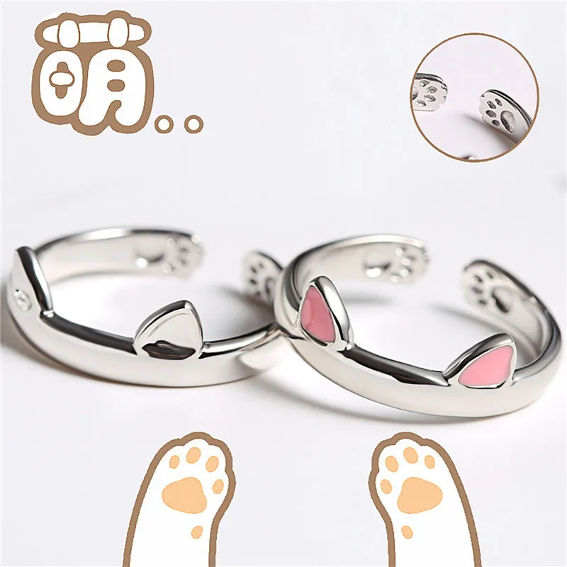 

Cute Pink Cat Claw Ring Ladies Lovely Cat Ear Opening Adjustable Ring Women Girls Party Birthday Ring Jewelry Silver Color