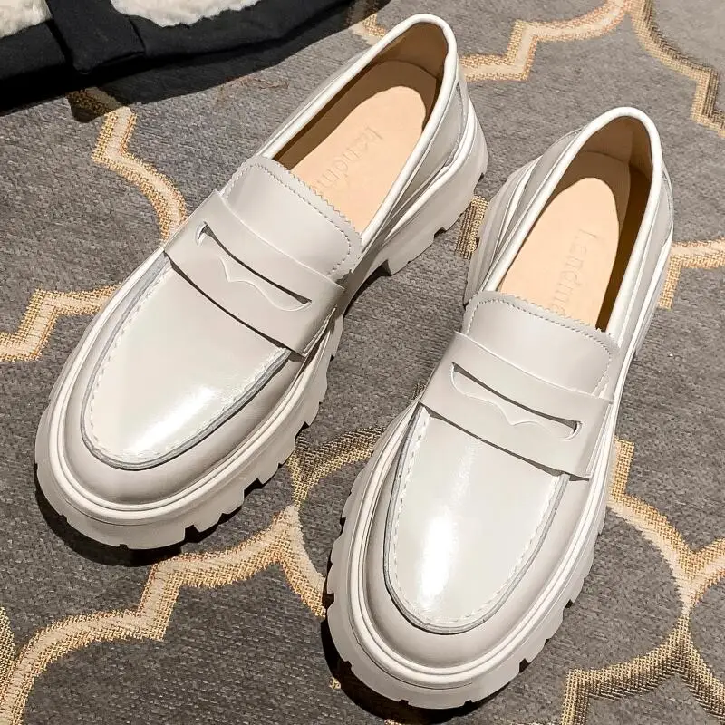 

Women Shoe Loafers 2022 New Spring Autumn Single Shoes Shallow Leather Thick Sole British Style Slip-On Thick Heel Women's Shoes