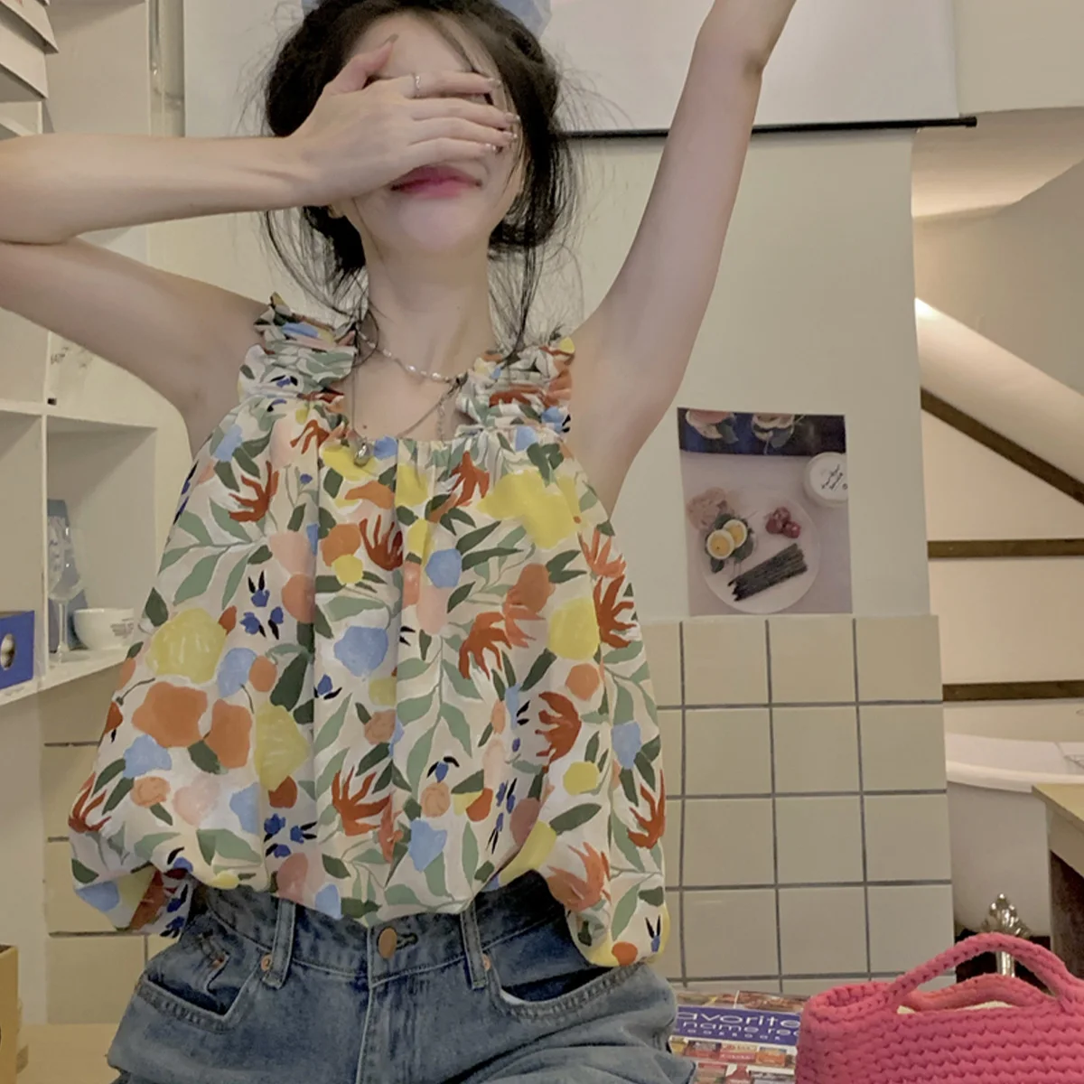 Paixiang/French Sweet and Spicy Floral Small Sling Vest Women's Summer 2025 New Arrival Slim Fit Slimming Top