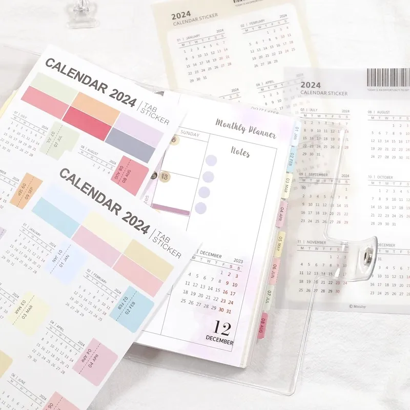 

2024 Calendar Stickers Kawaii Classification Stickers DIY Diary Planner Journal Index Labels Korean Stationery Office Supplies
