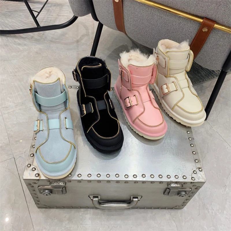 

Winter Women Shoes Ankle Snow Boots Sheepskin Warm Booties Cotton Shoes Genuine Leather Platform Motorcycle Boots 041