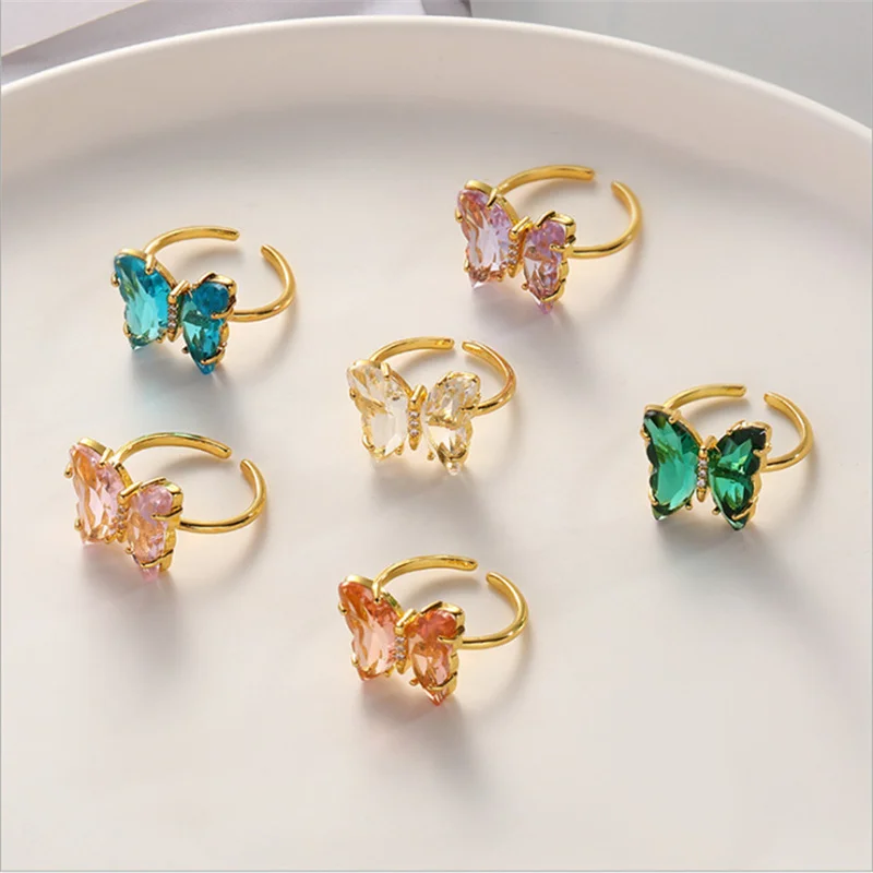 

6 colors butterfly Open Ring For Women Girls Sweet White Zircon Rhinestone Female Engagement Adjustable Ring Jewelry
