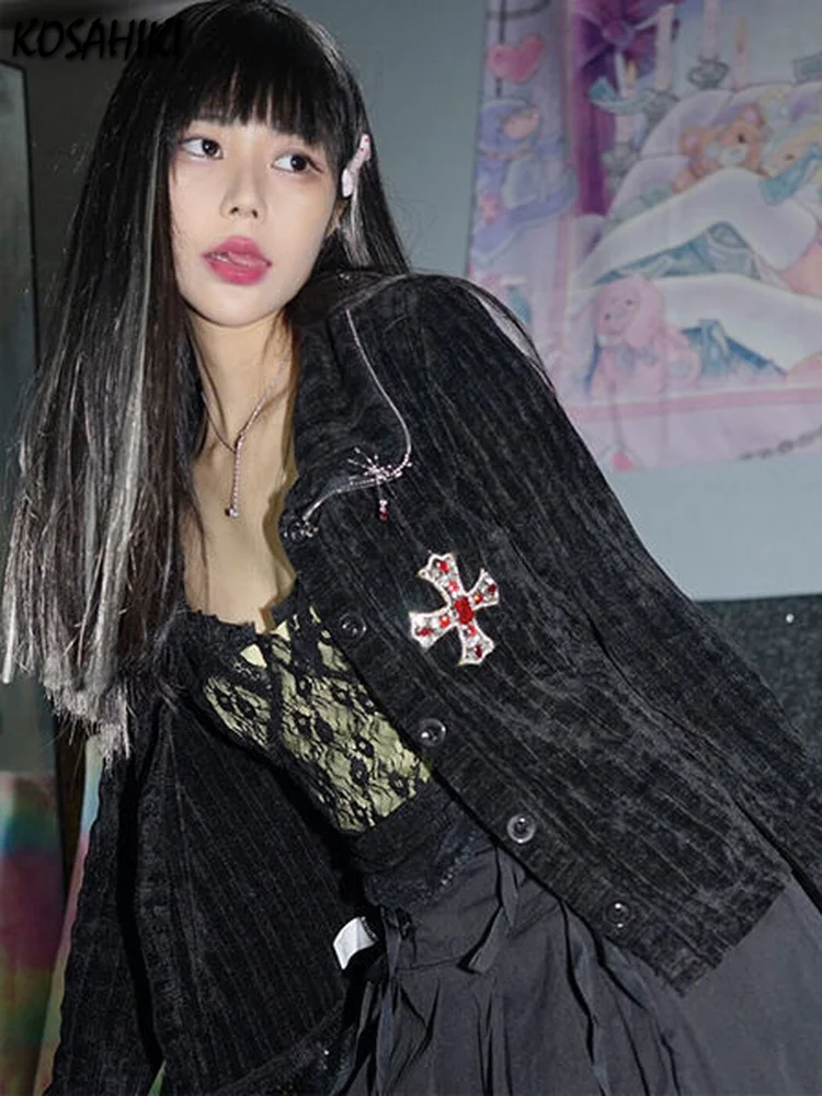 Куртка kosmechki женская в готическом стиле стразы Y2k весна-осень черная укороченная -