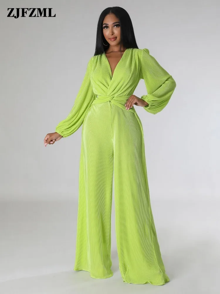 

Early Autumn Solid Twist Front Pleated Jumpsuits Women Unique Plunge V Neck Long Sleeve Wide Leg Overalls Loungewear Outfits