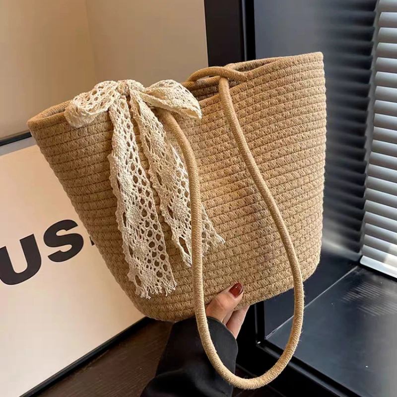 Плетеная соломенная сумка для женщин вместительный пляжный тоут на ремне с
