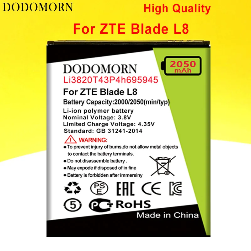 

Аккумулятор DODOMORN Li3820T43P4h695945 для ZTE Blade L8/A3 2019 стандарта высокого качества + номер для отслеживания