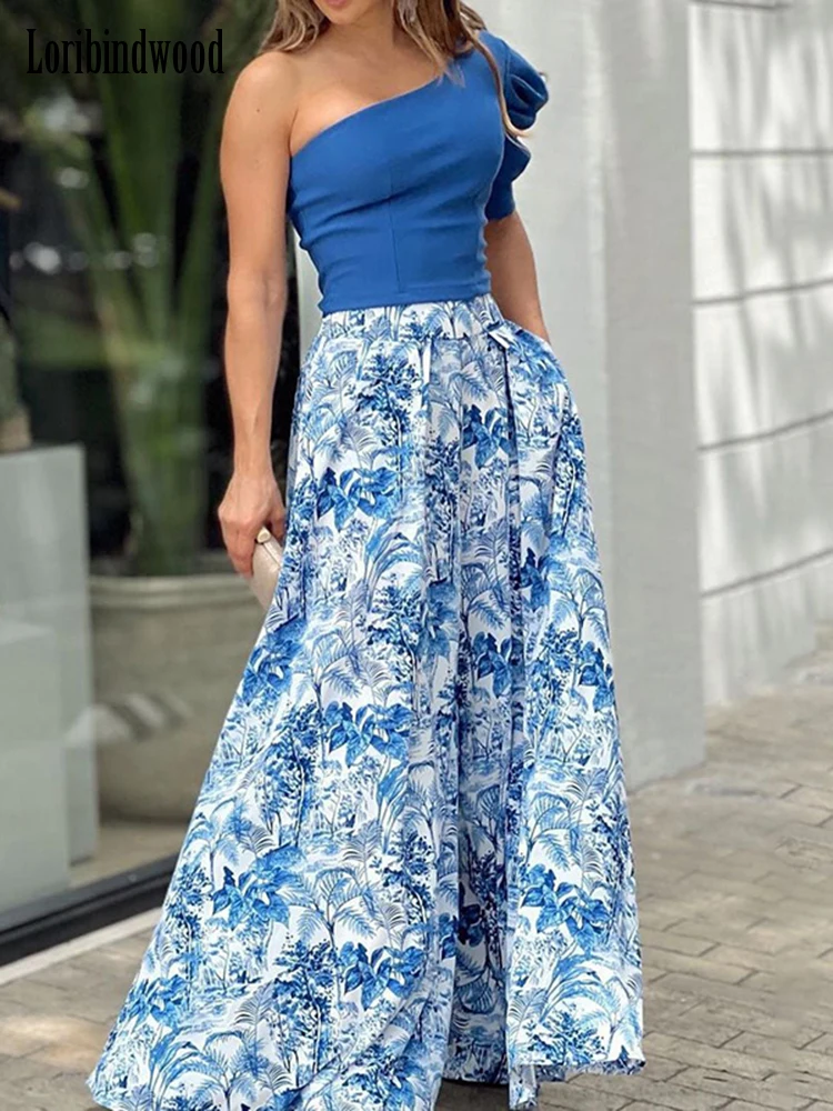 

Loribindwood 2022 Women 2 Piece Set Sexy One-Shoulder Puff-Sleeve Top Printed Pant Two-Piece Sets High Streetwear