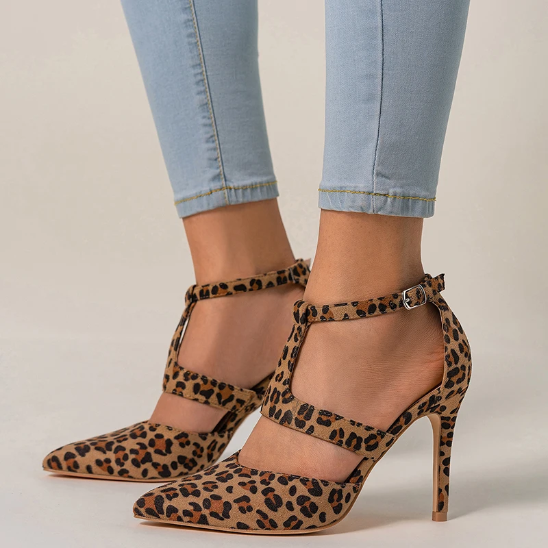 

2022 Summer New Female 10cm Leopard Print Suit Pumps Casual Women Sandals Stiletto High Heels Buckle Shoes
