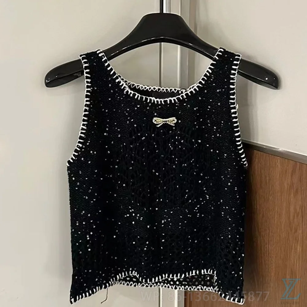 

2024 Summer Tank Bow French Black Spicy Top Sexy Shiny Silk
