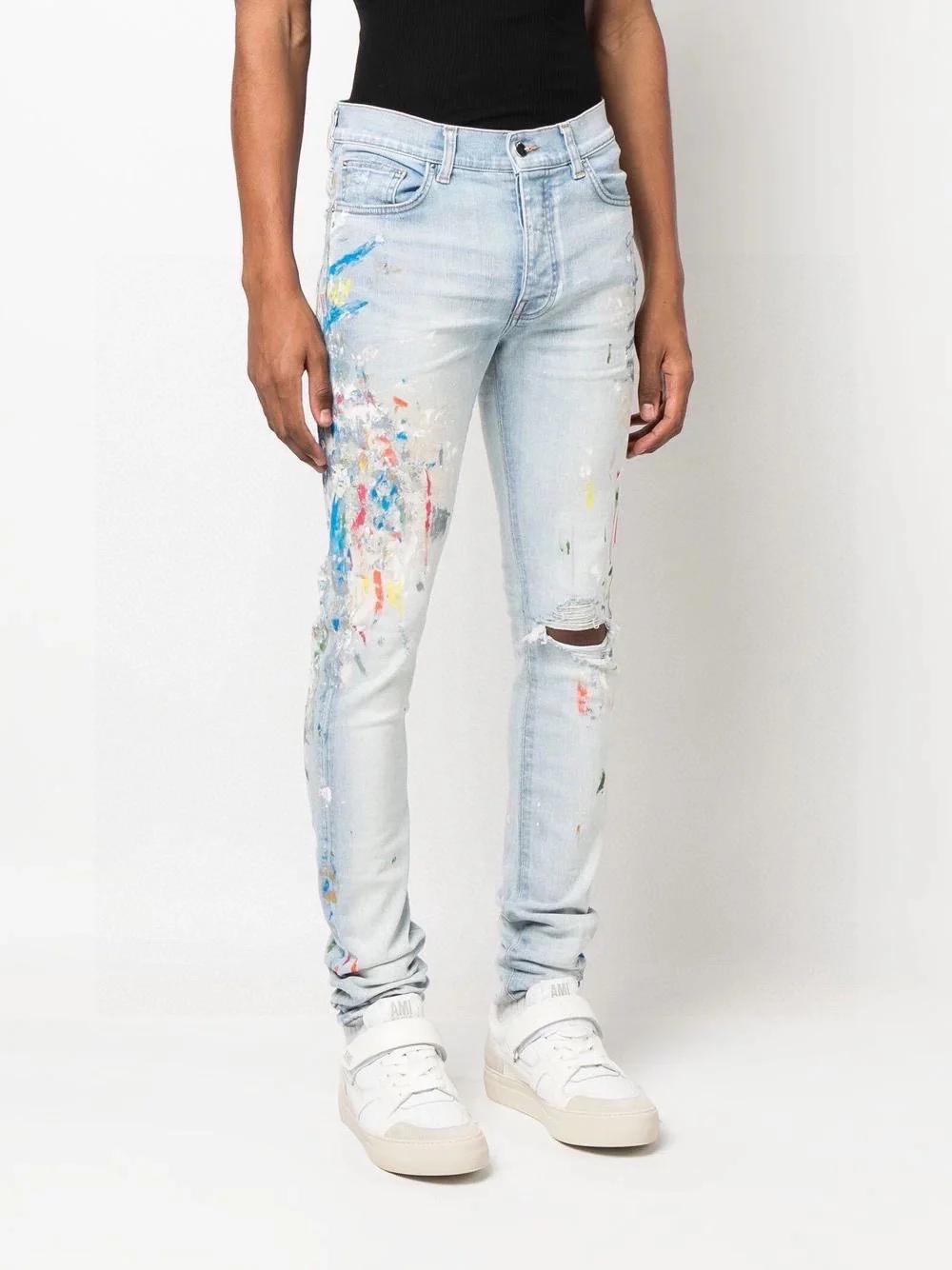 

paint-splatter skinny jeans Man Logo Patch distressed skinny jeans Buy mens denim fashion Ripped Destroyed Denim moto pants