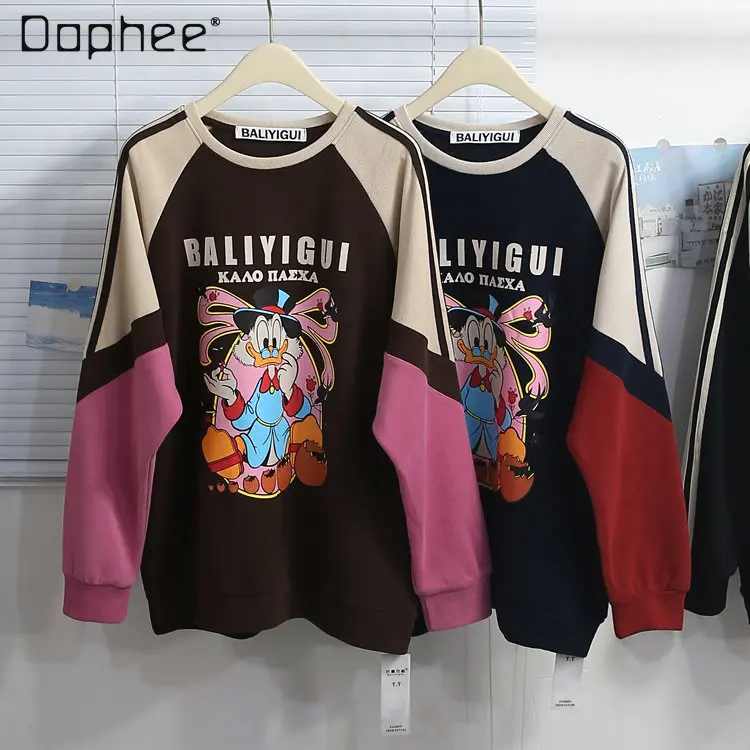 

Autumn New Korean Loose Fashion Colorblock Pullover Top Cartoon Print Casual Female Student Long Sleeve Crew Neck Sweatshirts