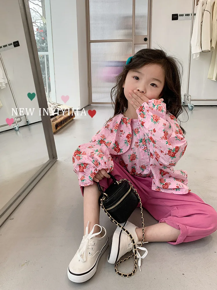 

Sets Blouse Kids Pants Elastic Waist Ankle Length O-neck Collar Full Sleeve Single Breasted Floral Designable Spring Kids Girls