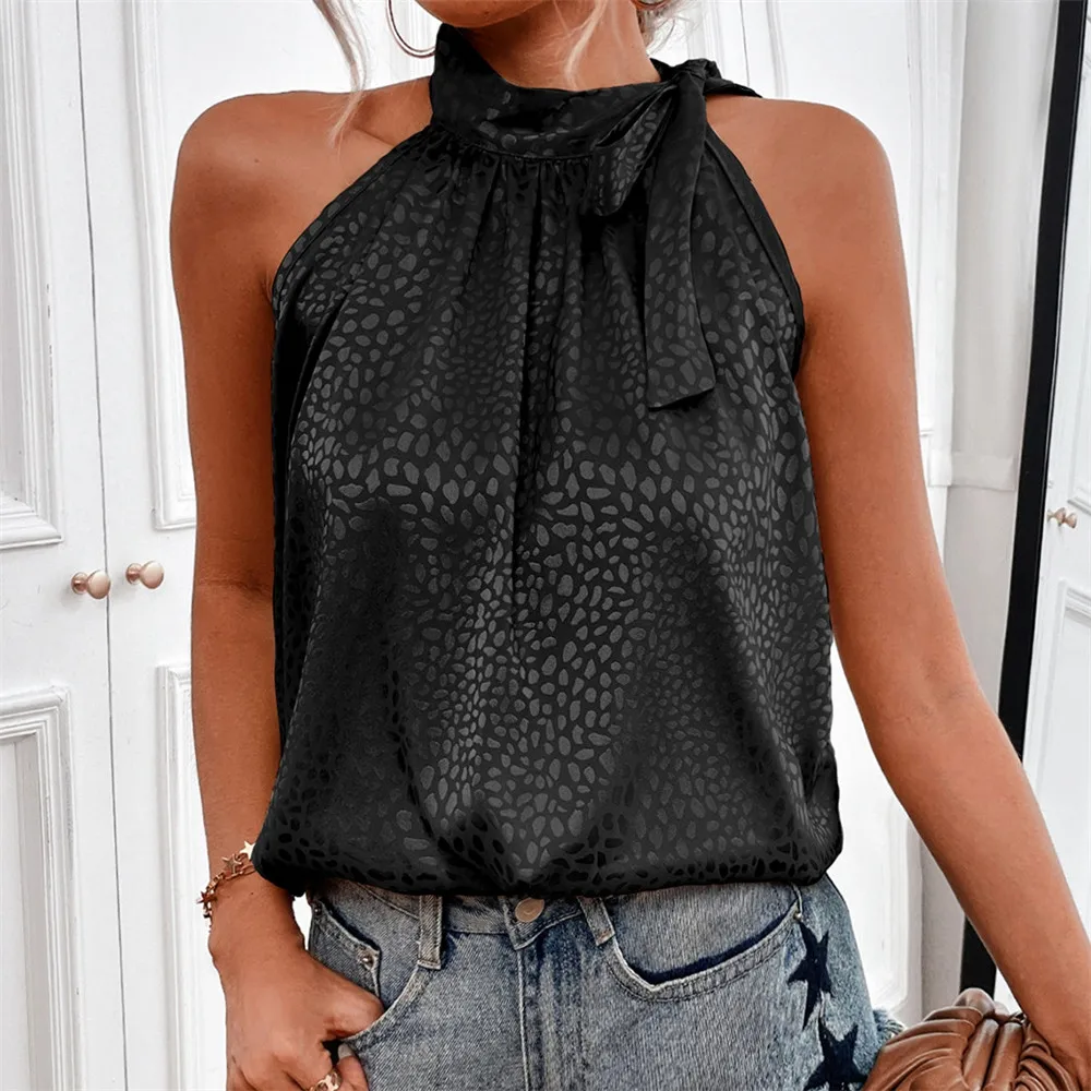 

Women's Printed Blouse Fashion Halter Tie Sleeveless Jacquard Shirt Commuter Ladies Tops Summer 2022 New Western Style
