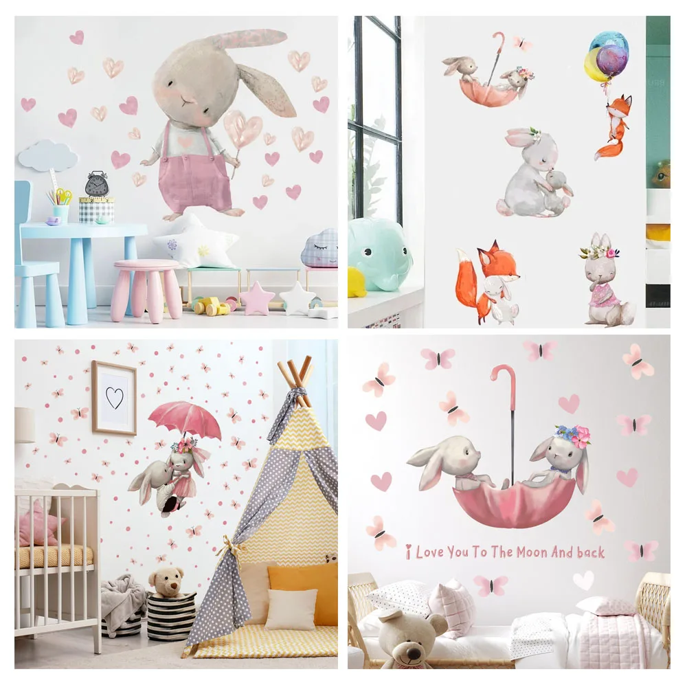 

Wall Stickers Cute Bunny Hearts for Children Kids Rooms Girls Baby Room Decoration Nursery Kawaii Cartoon Rabbit Wallpaper Vinyl
